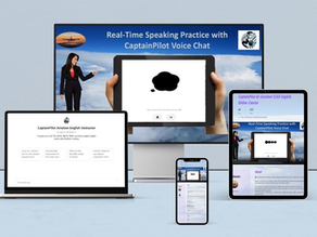 Screenshots of the CaptainPilot application displayed across multiple devices including a laptop, tablet, smartphone, and desktop monitor, showcasing the user-friendly interface for real-time speaking practice and aviation English training.