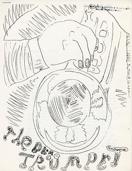 The front page of an issue of the BB&N Trumpet, with most of the cover taken up by an illustration of a hand holding and playing a trumpet, and the title written beneath the trumpet as though coming out from the instrument.