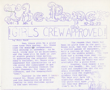 The cover of a Middle School publication called "The Paper", dated October 15, 1979. The headline reads "!Girls Crew Approved!" by Bill Hale.