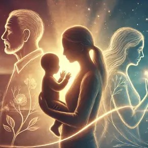 Mutter mit Kind und Ahnen im Hintergrund