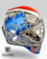 Goalie mask for WLA Maple Ridge Burrards goalie, Frankie Scigliano, designed and airbrushed by Ian Johnson #ianjohnsonart #excaliburairbrushing #goaliemasks #customairbrushing #airbrushartist #goaliemaskpainting #maskpainting #helmetpainting #customhelmets #customairbrushedgoaliemask #lacrossehelmet