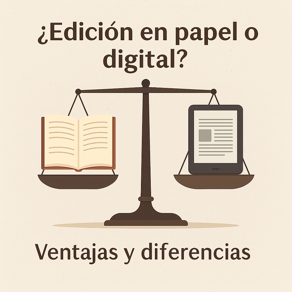Ilustración comparativa entre un libro en papel y una tablet con libro digital, que representa las diferencias entre publicar en formato físico o digital.
