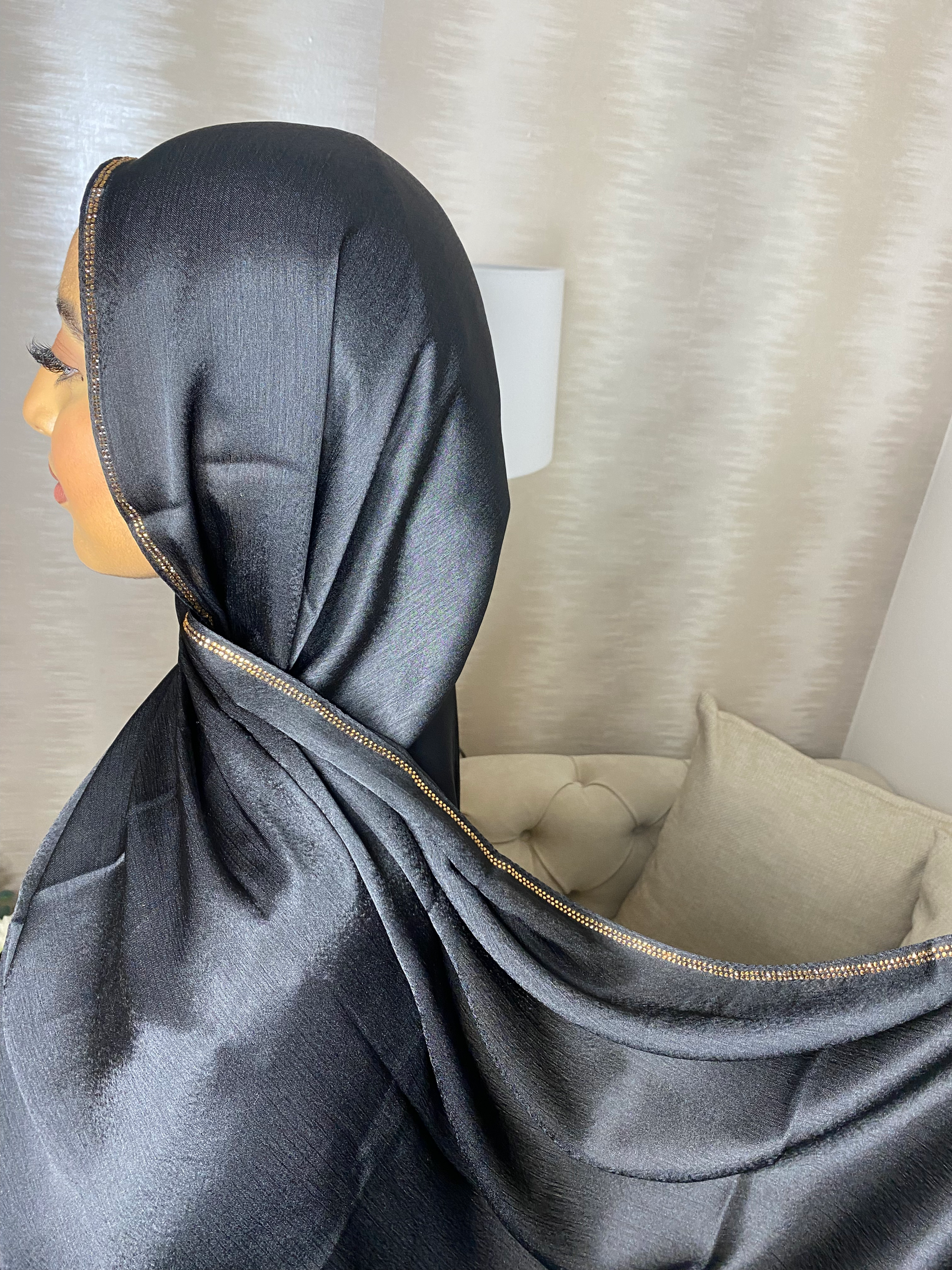 Midnight Double Beaded Silk Satin Hijab