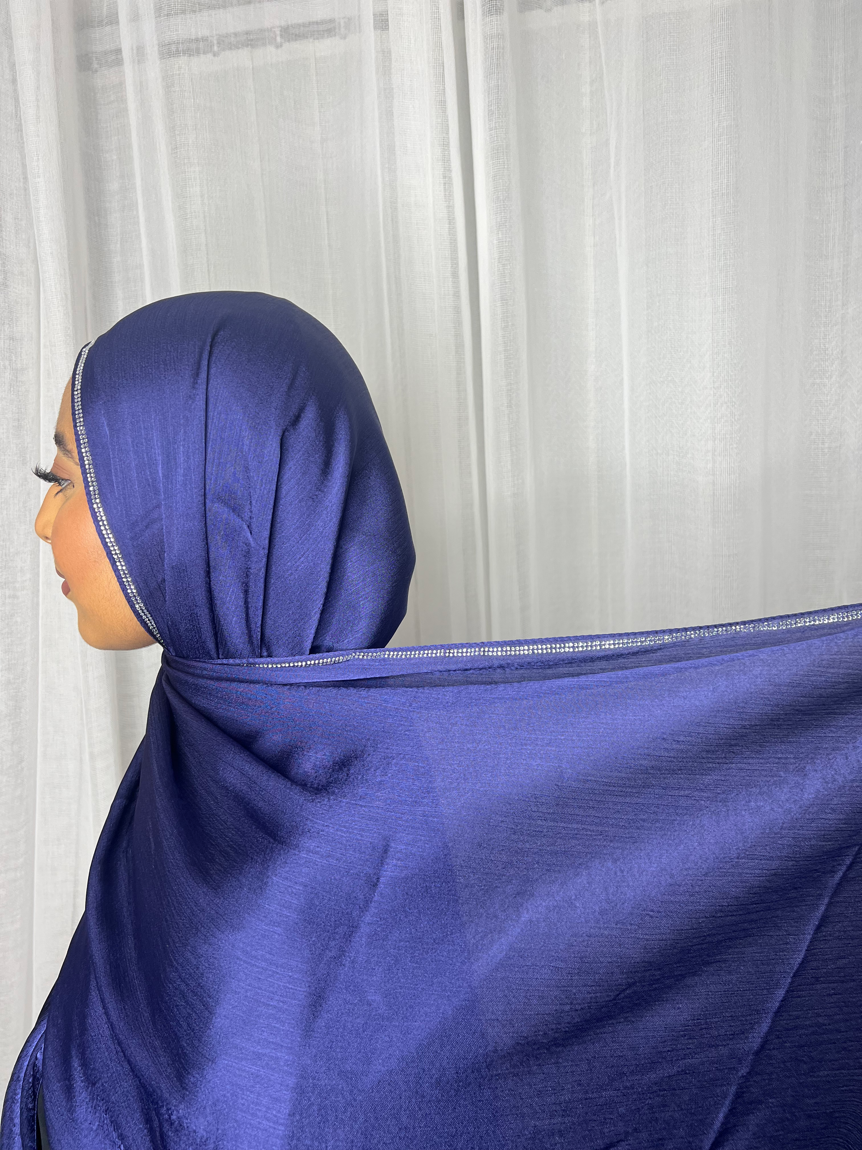 Navy Double Beaded Silk Satin Hijab