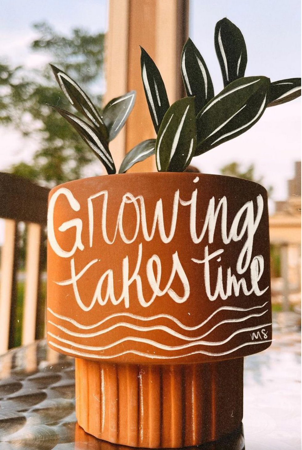 Zoomed in planter with the world "Growing takes time" in cursive across the middle