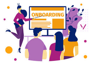 Cartoon onboarding pic. Team meeting and person presenting is pointing at a screen with the work onboarding across.