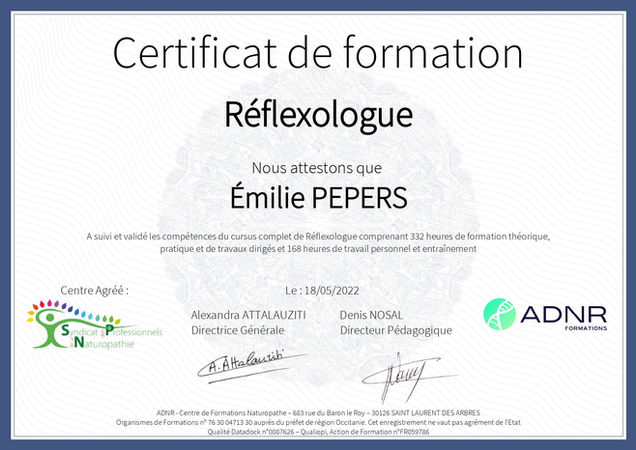 Certificat de formation de réflexologue d'Emilie Pepers à Lannion