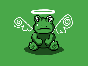 A dead frog with a halo and angel wings.