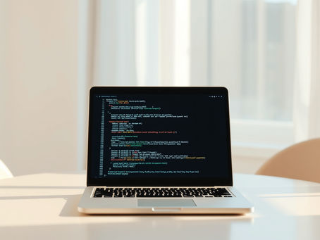 Animation minimaliste d’un ordinateur portable ouvert sur une table claire, avec des lignes de code ou des éléments web qui apparaissent doucement à l’écran. Lumière naturelle, ambiance calme et moderne. Couleurs beige, blanc et brun clair.