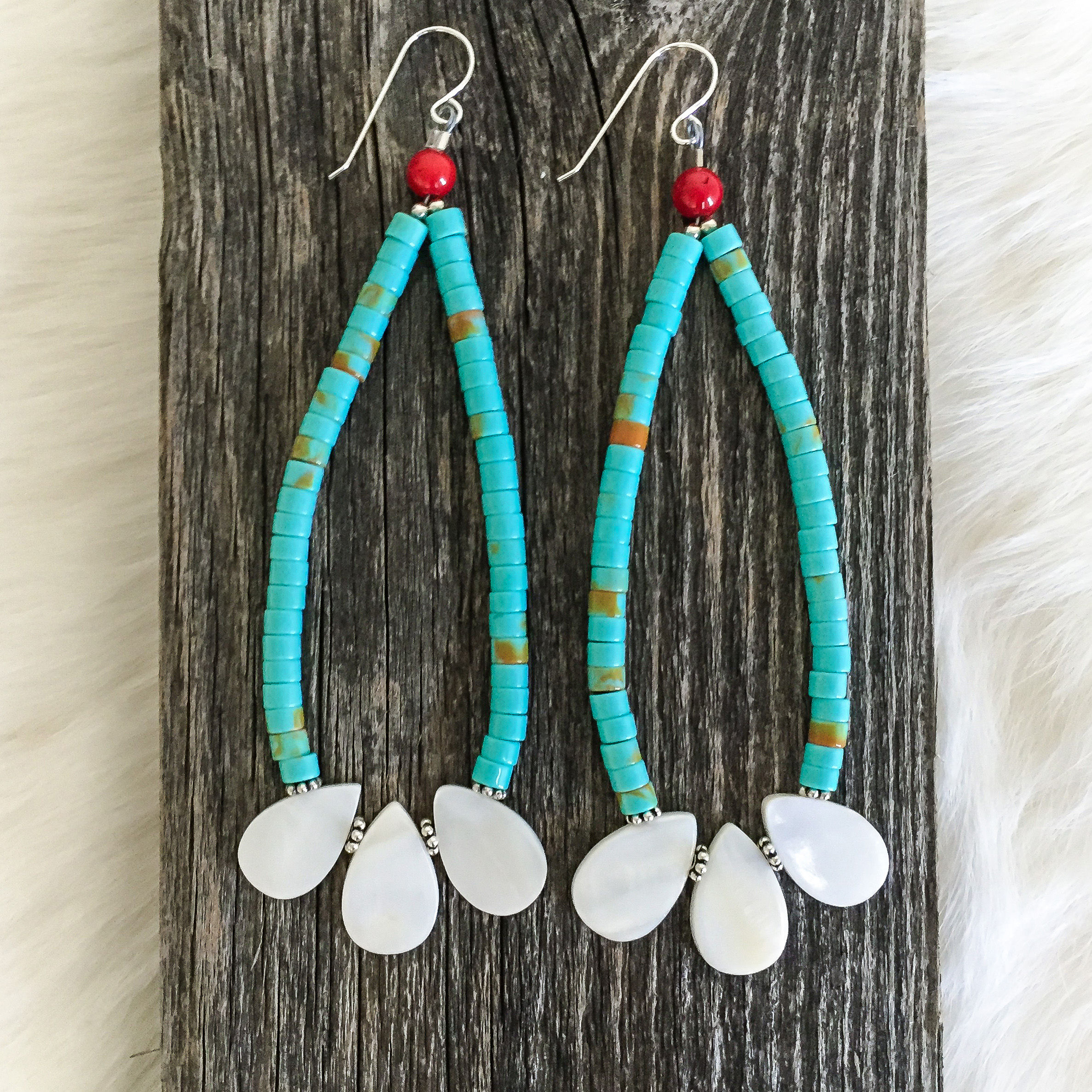 TURQUOISE HEISHI AND MOTHER OF PEARL EARRINGS