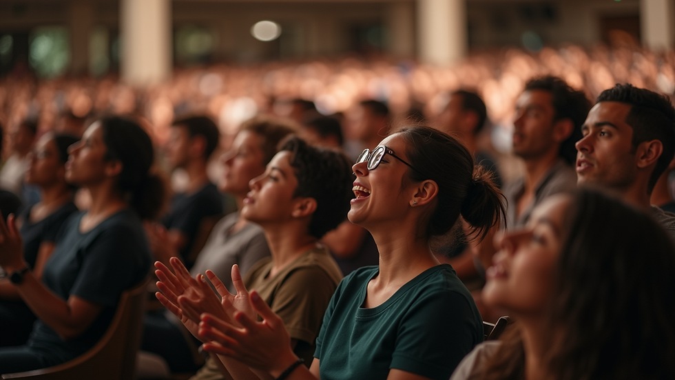 Wide angle view of a diverse congregation engaged in worship