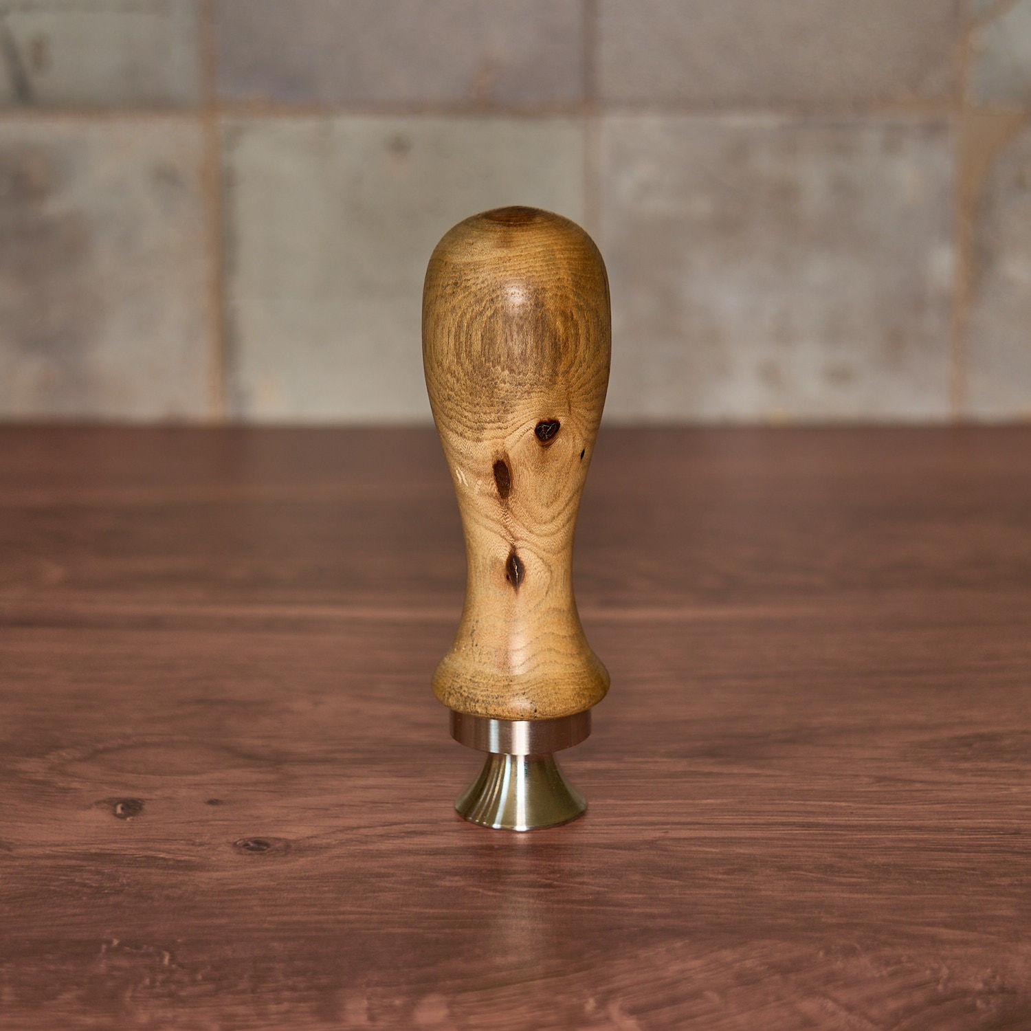 Handmade Jersey Shore driftwood bottle opener 016 with natural wood grain and stainless steel base