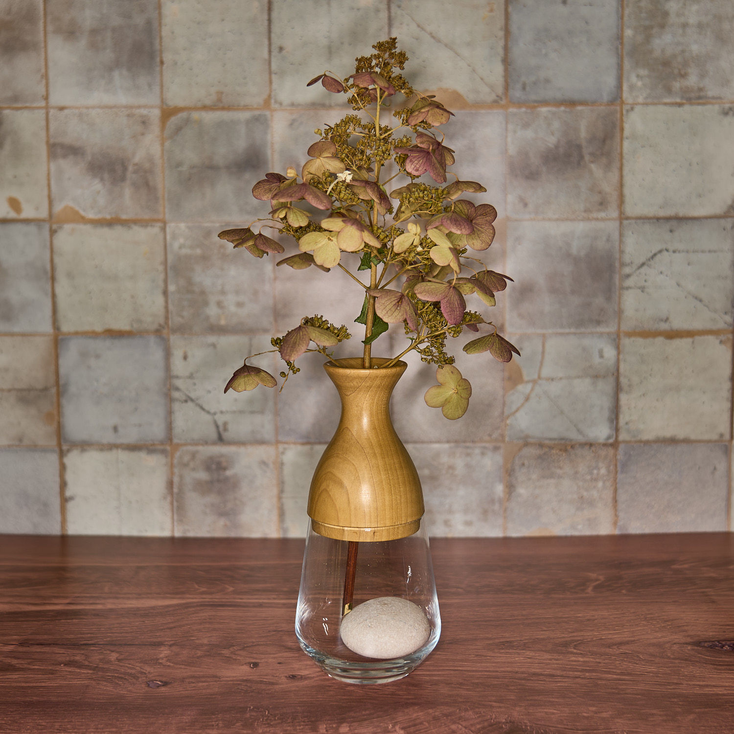 Handcrafted tulip poplar wood and glass vase with flowers