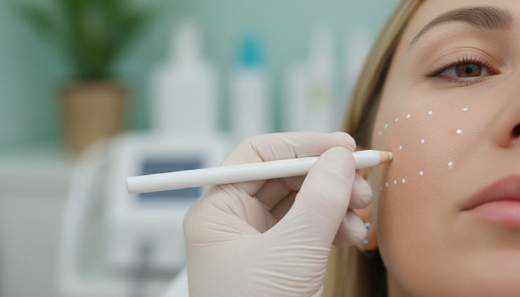Close-up view of a gloved hand marking gentle guide points on a cheek.