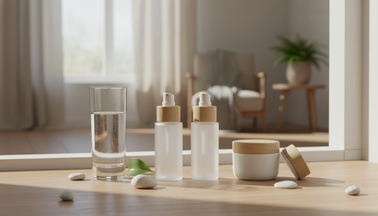Wide-angle view of skincare products beside a glass of water on a windowsill.