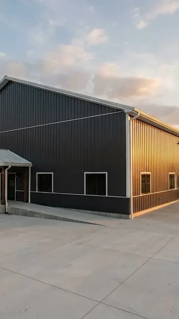 Custom black metal pole building with multiple garage bays in Ohio