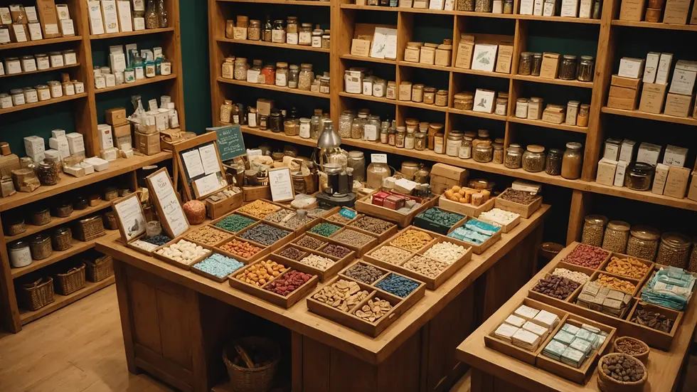 High angle view of small, neatly arranged store showcasing local handmade products