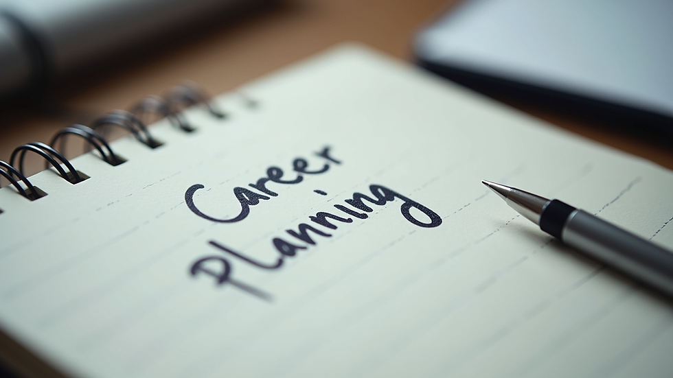 Close-up view of a notebook with career planning notes and a pen