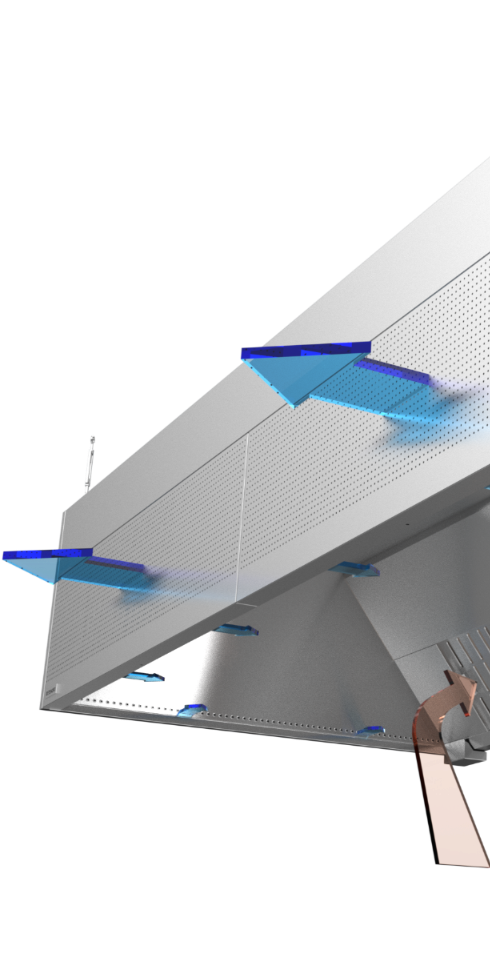 Grease hood for commercial kitchen envrionment, with grease filters and air inlet form sidest and front panels