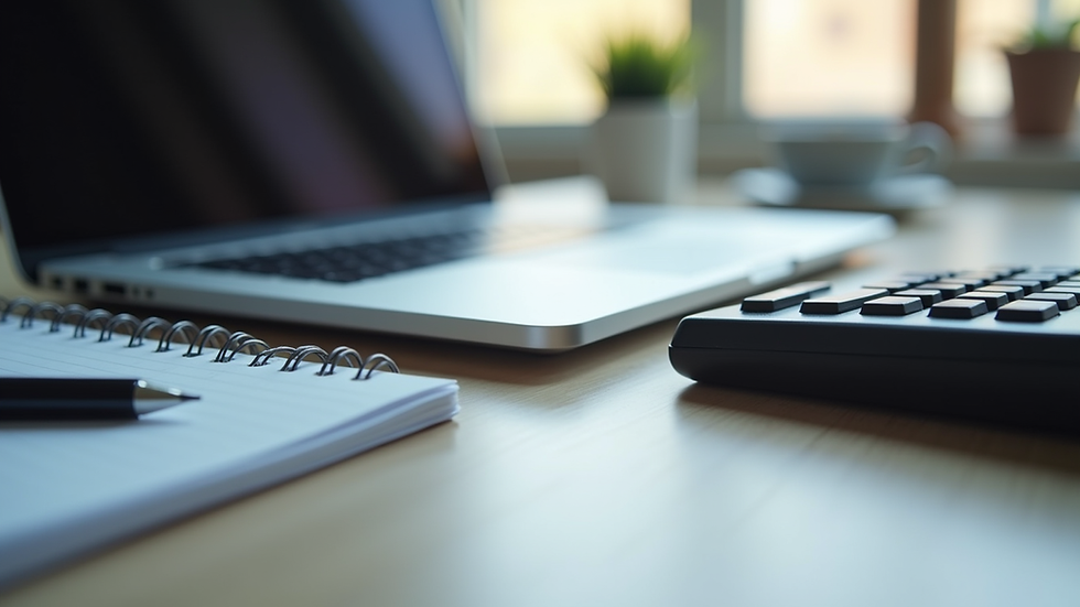 Eye-level view of a desk with a laptop, notebook, and calculator