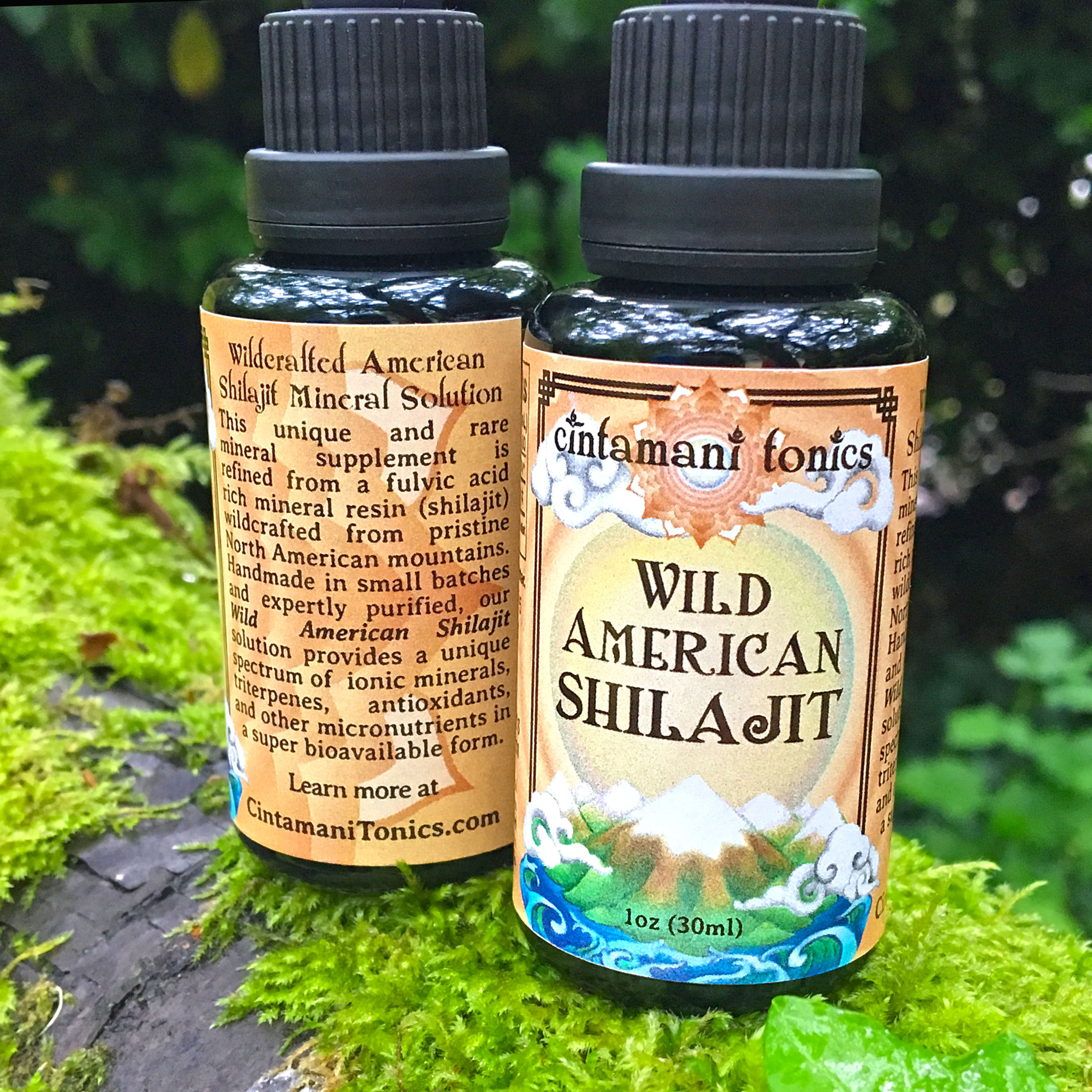Wild American Shilajit bottle label, front and back