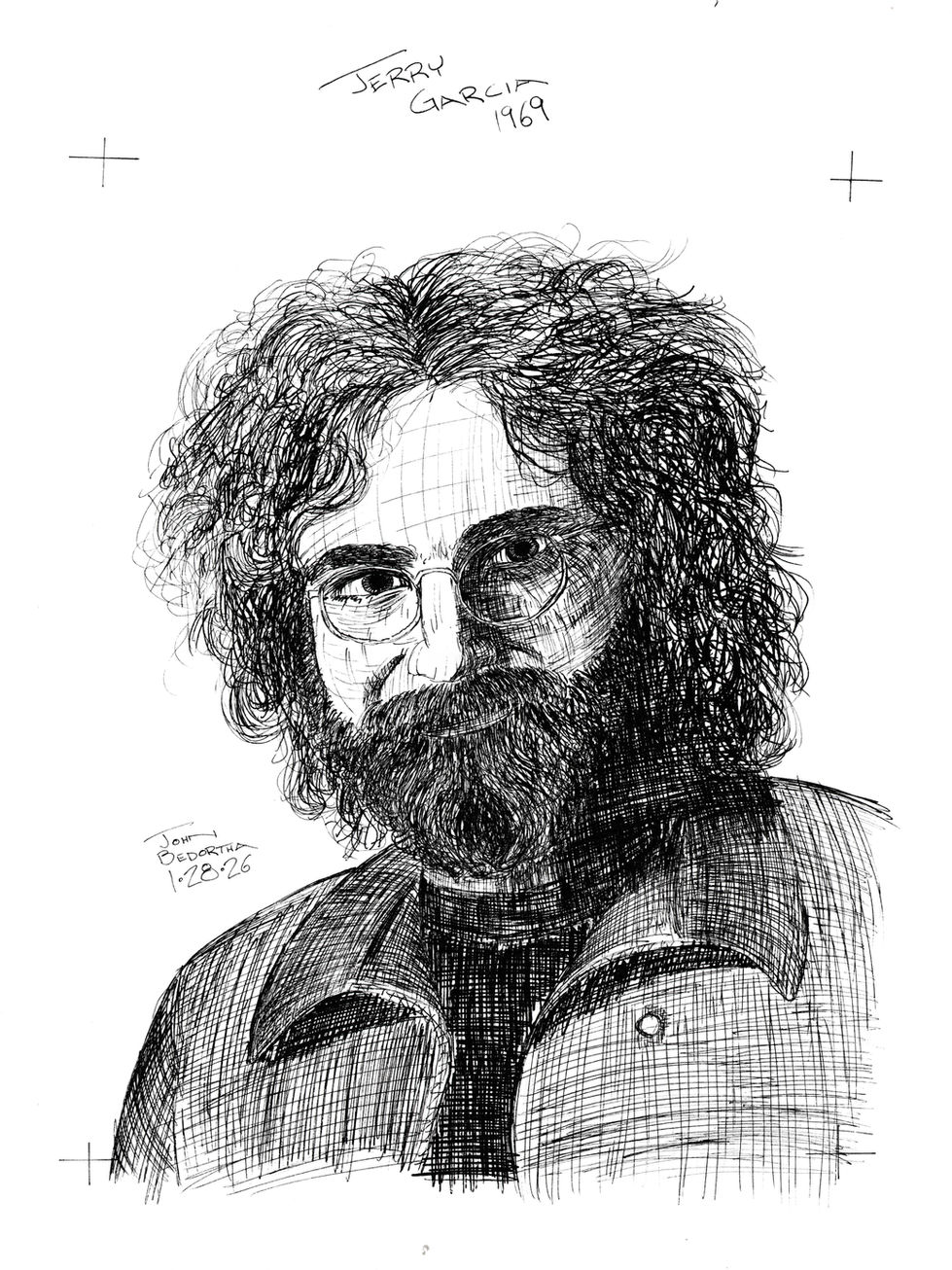 Pen drawing of Grateful Dead member Jerry Garcia in 1969