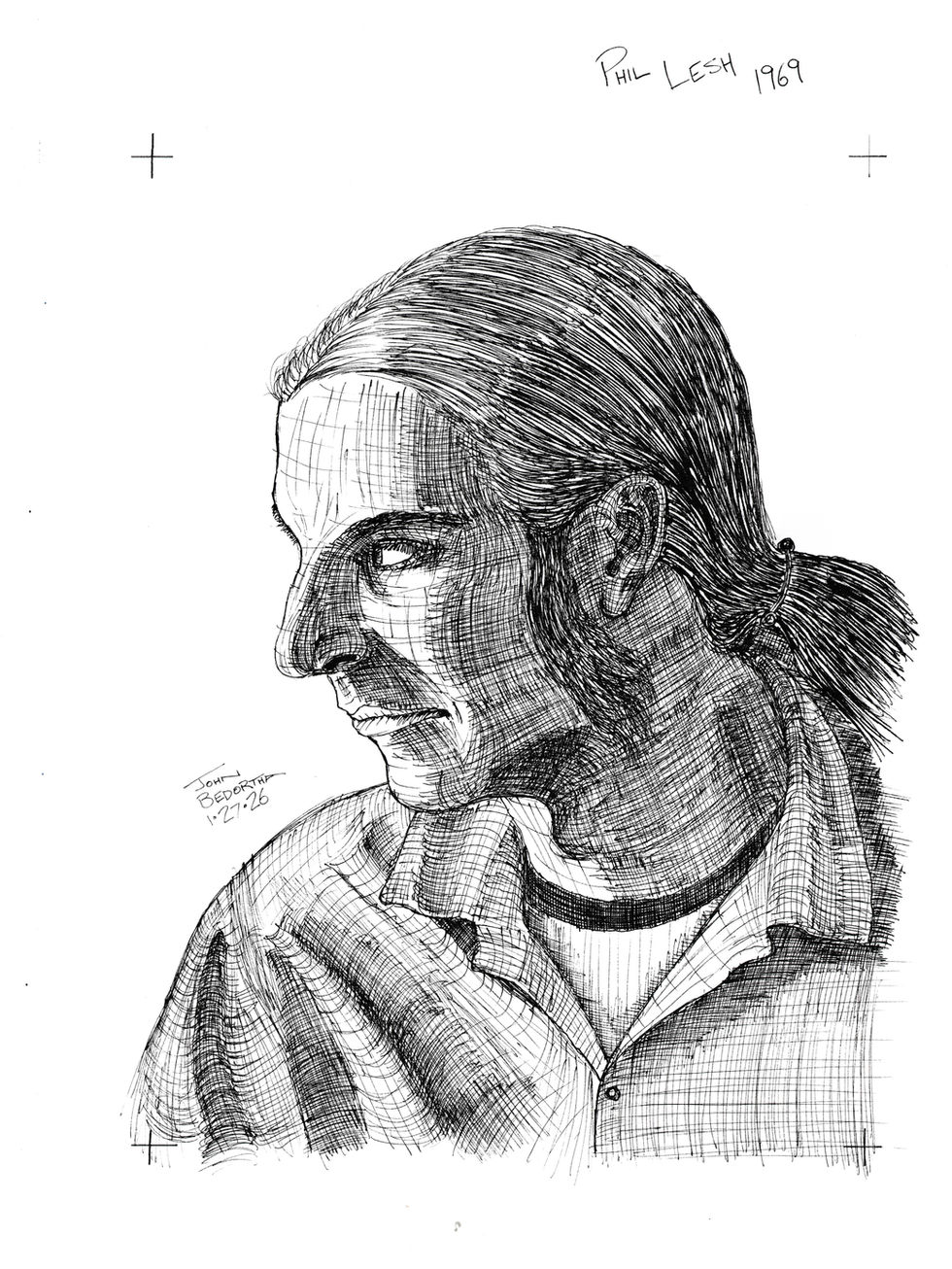 Pen drawing of Grateful Dead member Phil Lesh in 1969