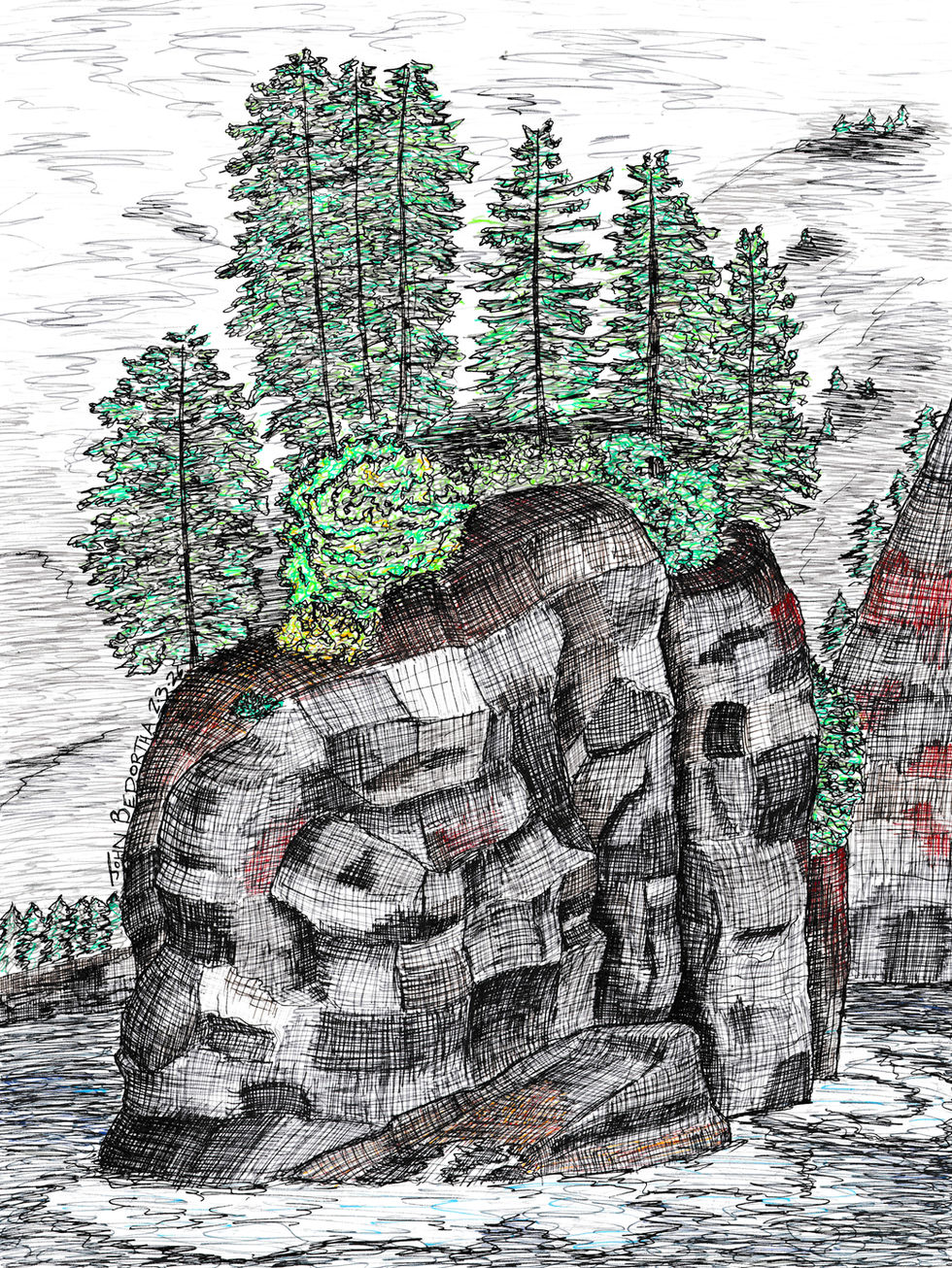 Pen drawing of a rocky island in Kenai Fjords National Park in Alaska
