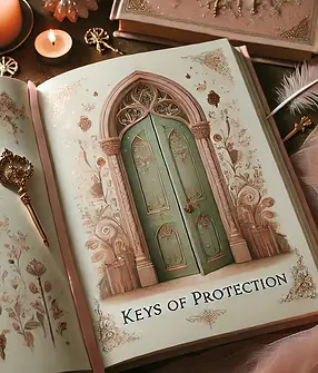 AI image of an open book to a page the has a decorative door with Keys of Protection written on the page