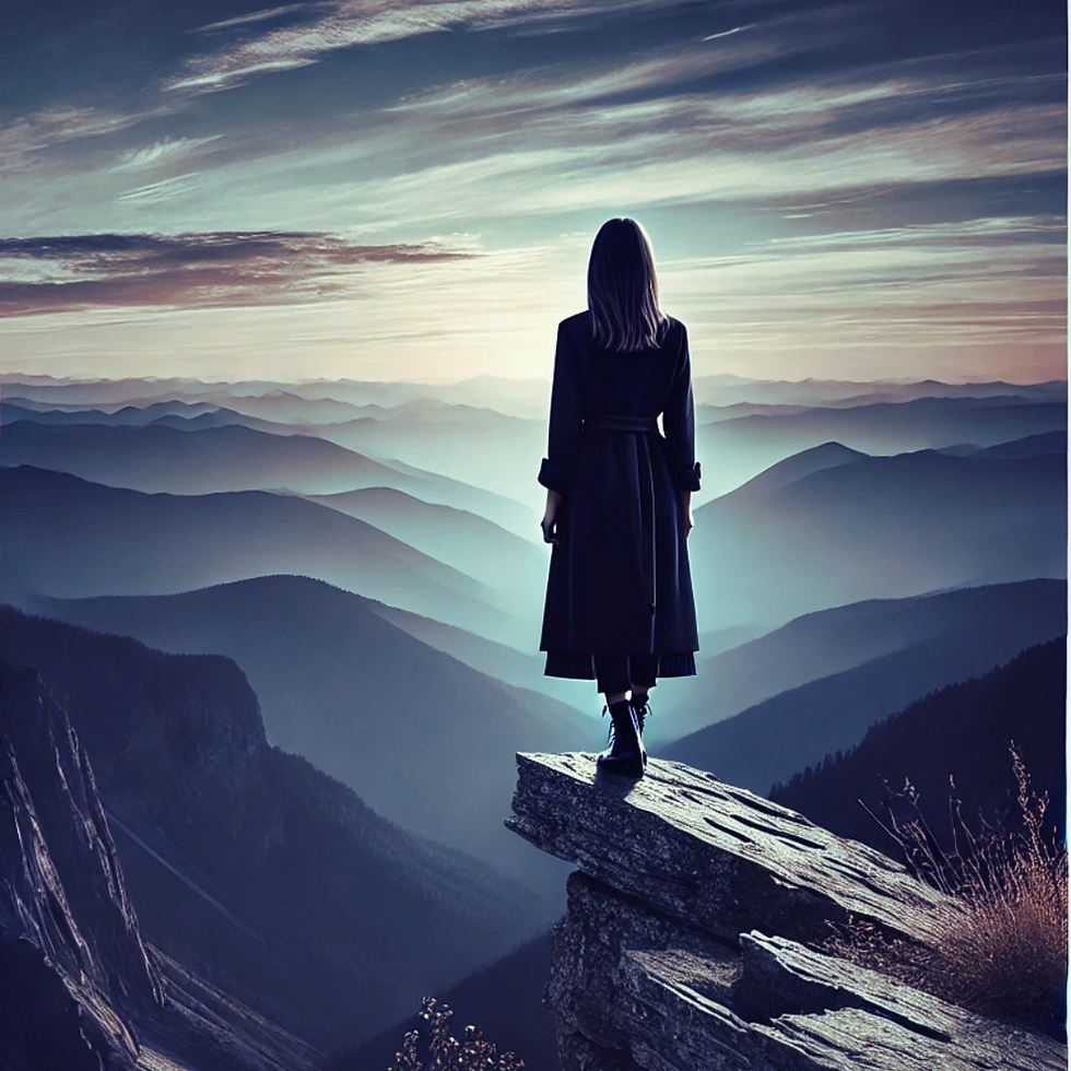 A woman standing on a cliff looking out at mountains.