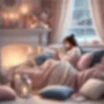 A woman snuggled in blankets on a couch by a glowing fireplace, sipping coffee in a cozy winter setting for the winter life season of life