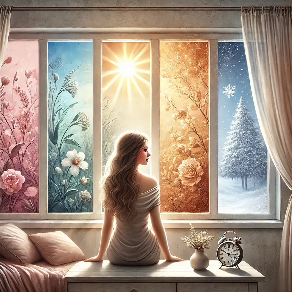 A woman sitting quietly on the edge of her bed, gazing out a window that reflects all four seasons—spring, summer, fall, and winter—symbolizing the emotional complexity and soulful beauty of honoring her inner season in a world that keeps shifting.