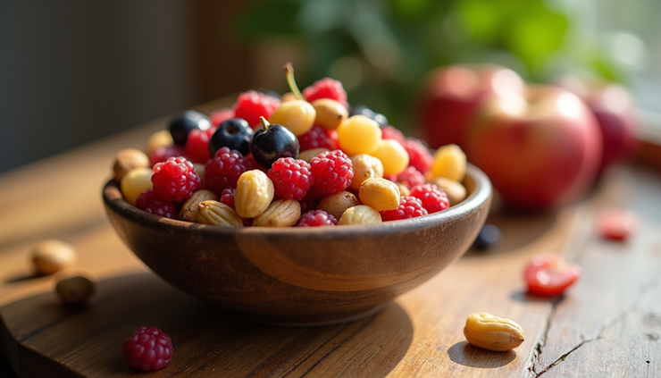 Close-up view of a bowl of fresh fruits and nuts on a wooden table
