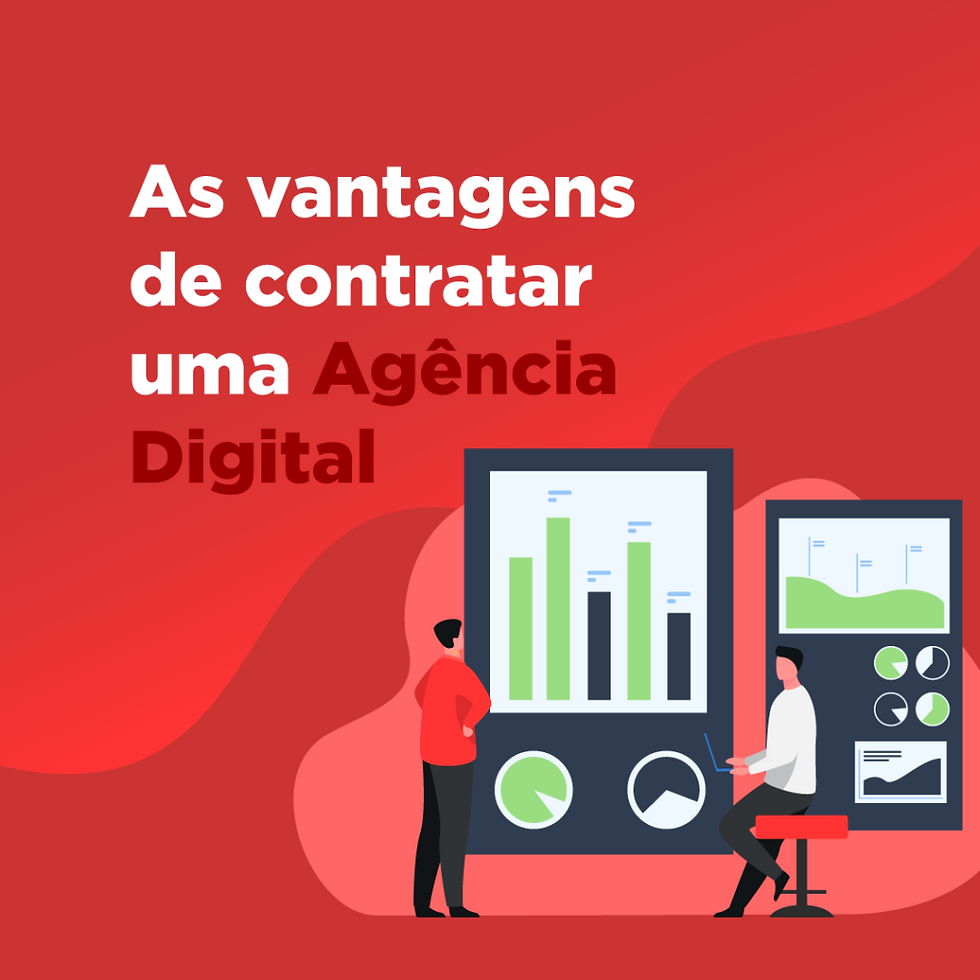 Gráfico com duas pessoas e texto “As vantagens de contratar uma Agência Digital” com análise de dados na tela.