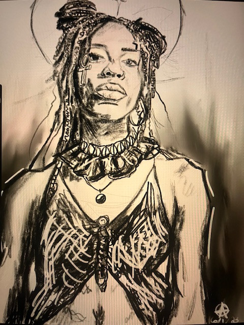 Thumbnail: a punk, edgy, black and white portrait of a beautiful trans and non-binary bipoc, with beautiful clothing, their hair is styled and they are adorning jewelry 