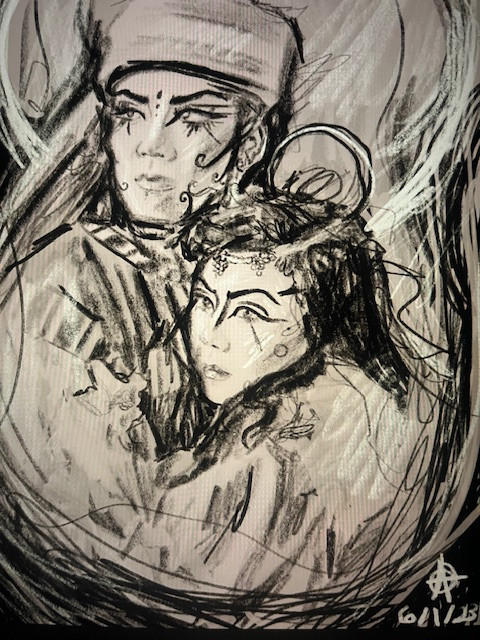 Thumbnail: A graphic art print with charcoal, in black and white, of a theatrical couple embracing one another