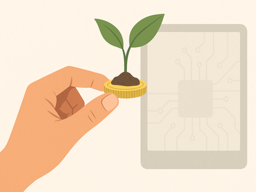 Illustrazione orizzontale con una mano che tiene una moneta d’oro e una pianta che cresce sopra di essa, davanti a uno sfondo digitale sfumato. Simboleggia la contrapposizione tra economia virtuale e valore reale dell’oro.