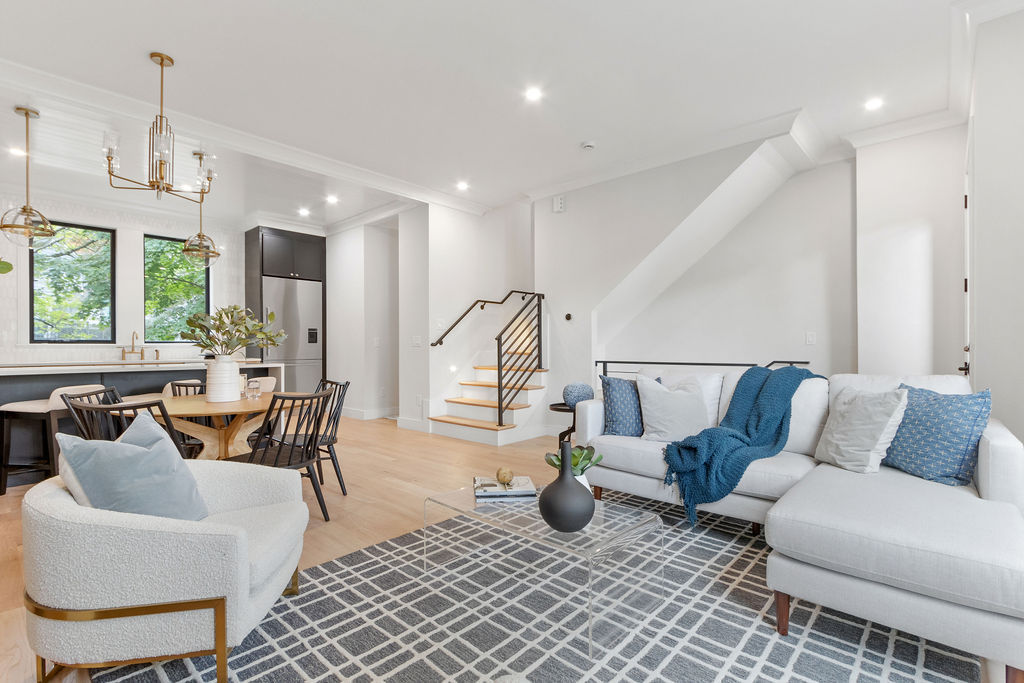 Professional home staging Boston living room modern furniture neutral colors