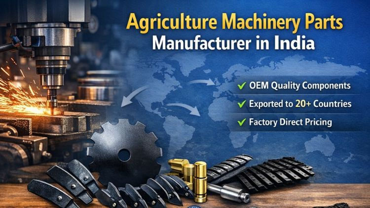 CNC machine cutting metal parts with agricultural machinery components displayed, labeled as an Indian manufacturer exporting globally.