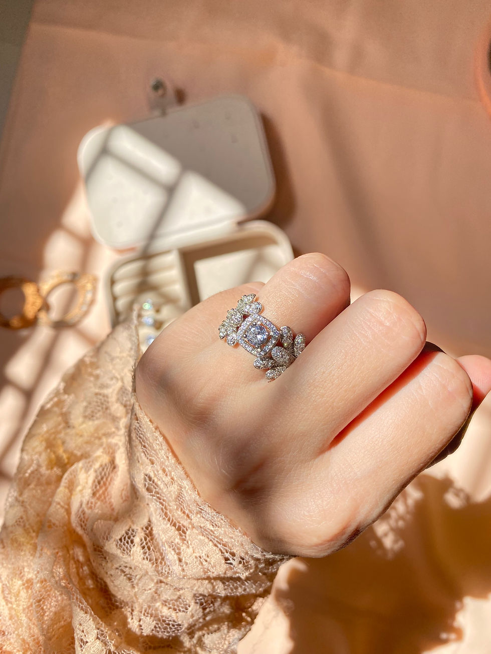 Thumbnail: Leafy cushion cut silver ring