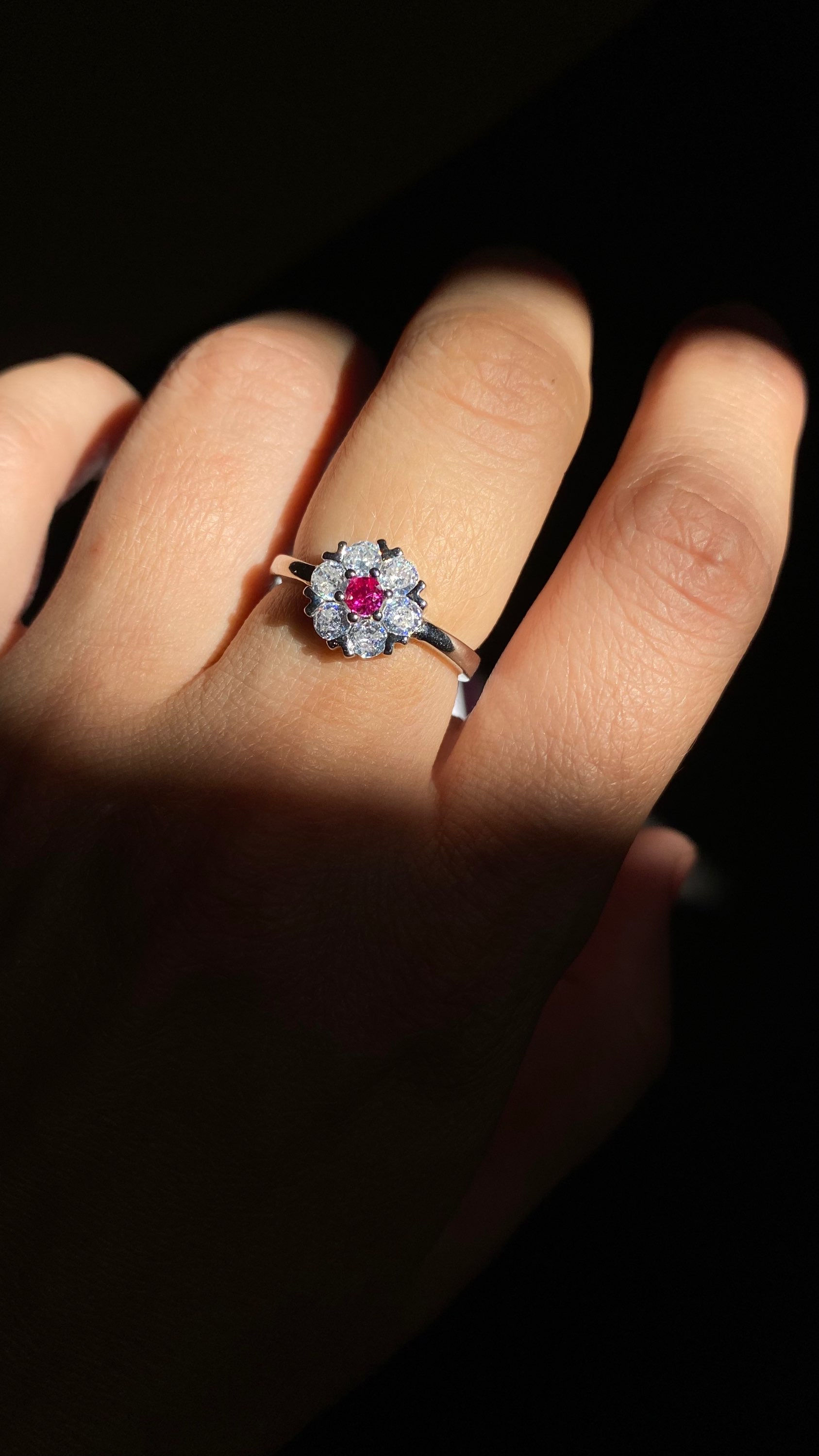 Ruby flower sterling silver ring