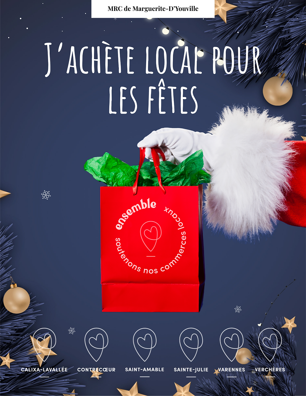 Couverture du Catalogue de Noël de la MRC de Marguerite-D’Youville présentant la campagne J’achète local pour les Fêtes et les promotions des commerces locaux pour Noël.