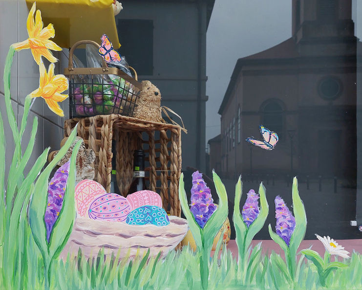 peinture sur le vitrine, peinture artistique en alsace, artiste en alsace, printemps, Pâques