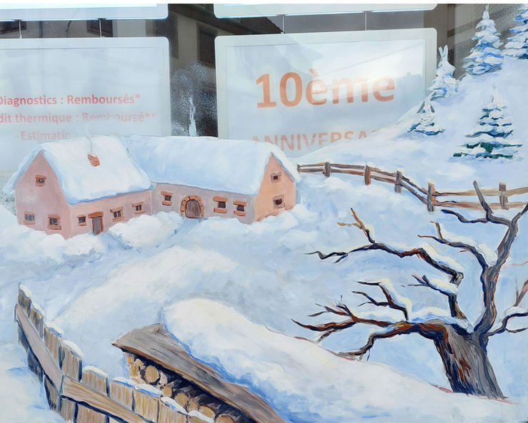 peinture sur la vitrine, peinture artistique en alsace, artiste en alsace, hiver, neige, village, vosges