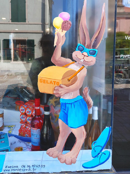 peintures sur les vitrines, déco de l'été , lapin drôle