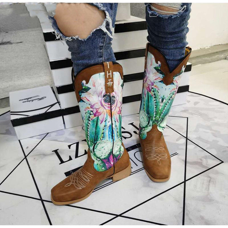 Mixed Color Flower Print Slip-On Western Boots for Women