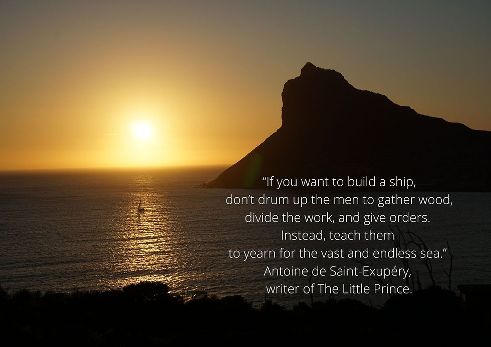 time-space-place. a boat in a South-African seascape with an inspiring text about imagination and innovations