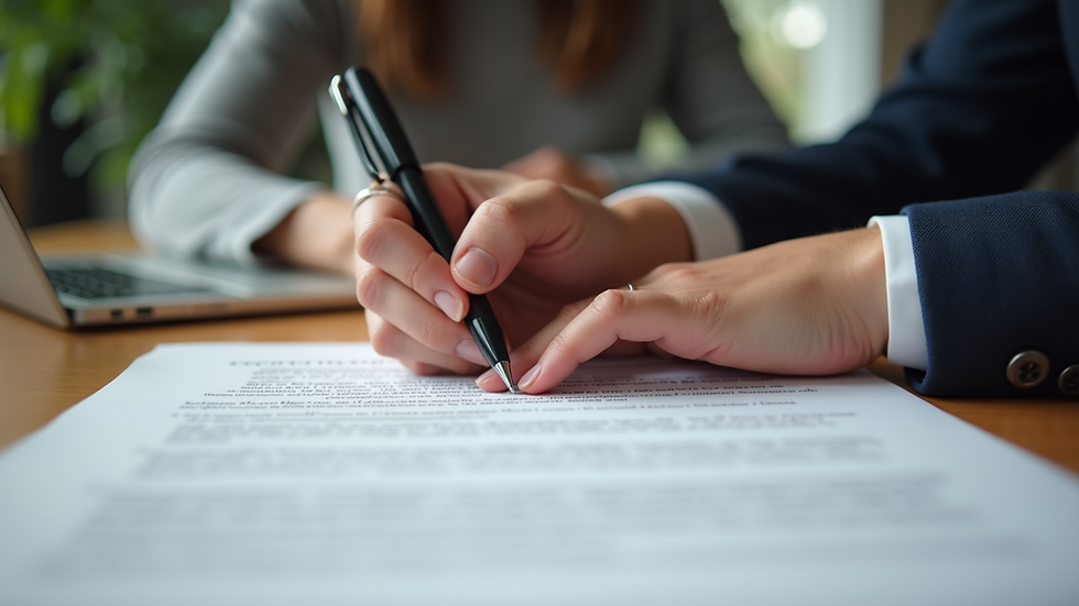Close-up view of a contract being signed on a wooden table