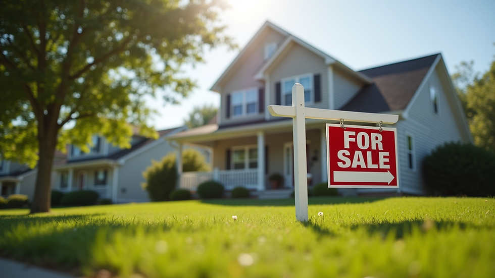 Eye-level view of a suburban house with a "For Sale" sign in the front yard
