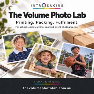 Promo for The Volume Photo Lab with smiling school and sports kids, photo prints, a parcel, and text about printing, packing, fulfillment.